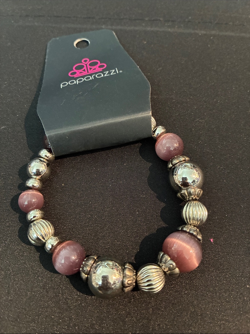 Paparazzi Rose Mauve Cat's Eye and Silver-Tone Bead Stretch Bracelet